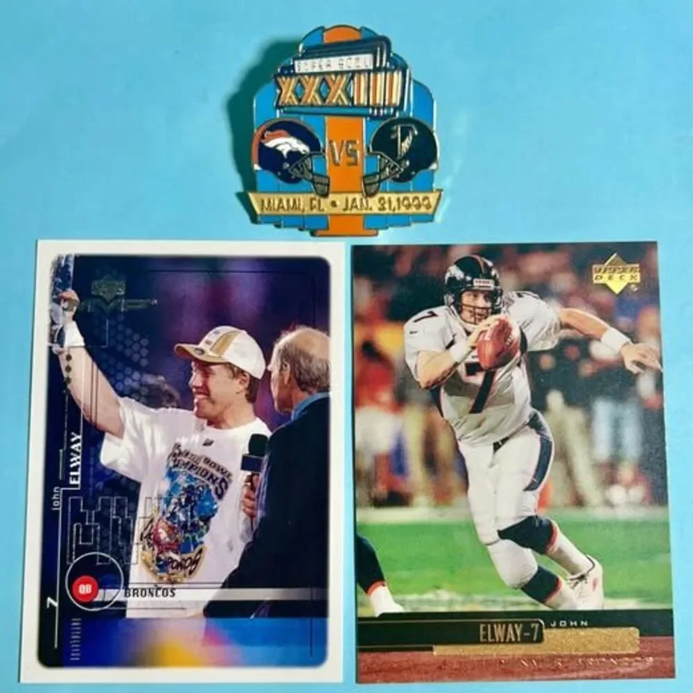 1999 Super Bowl XXXIII pin, Broncos 34-19 vs Falcons & 2 John Elway Cards SB-MVP